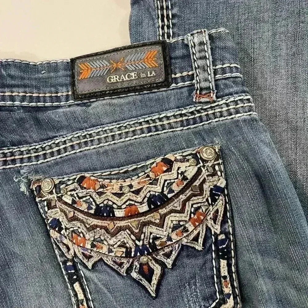 Grace in LA Bootcut Jeans Western Embroidered Rhinestone Distressed Women's 29 - Picture 9 of 10